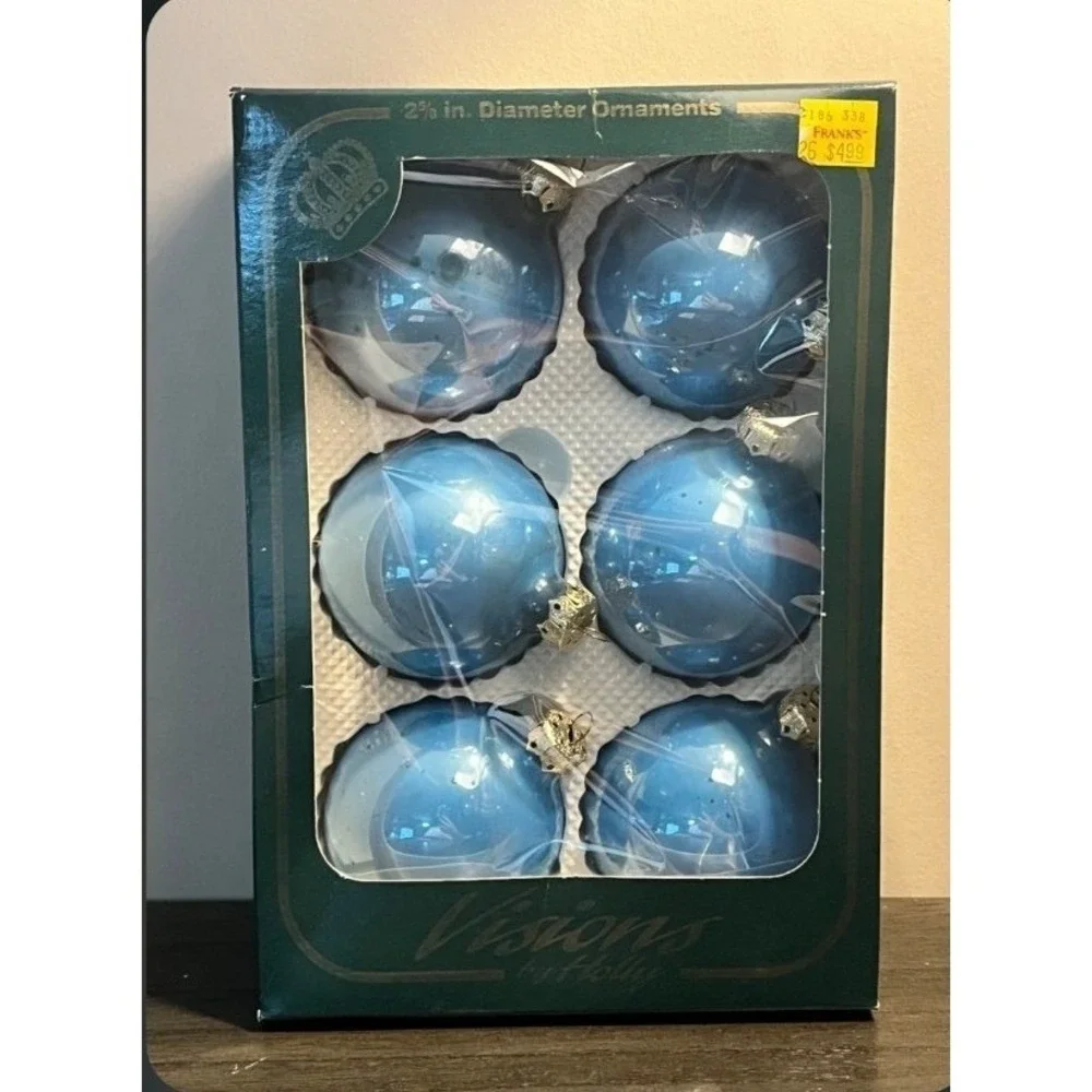 Visions by Holly Set of 6 Blue Glass Christmas Ball Ornaments 2.5